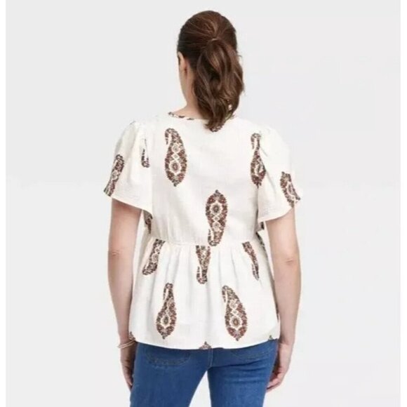 Knox Rose Women's Medium Flutter Short Sleeve Top White Paisley Boho Lightweight - Picture 2 of 5